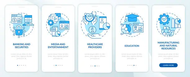 Vector illustration of Types of big data applications blue onboarding mobile app screen