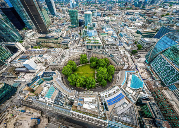 The aerial view of Finsbury Circus Gardens and the City of London in summer stock photo
