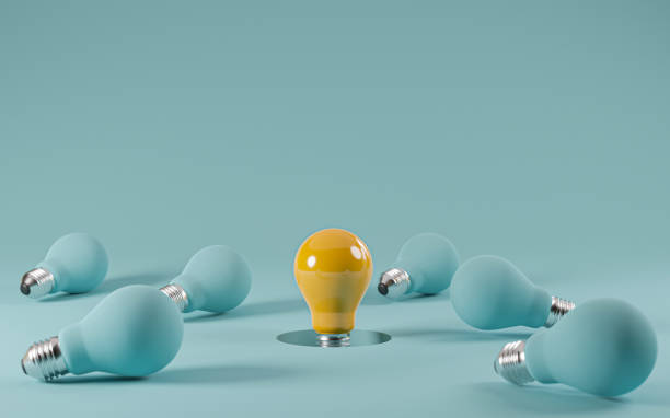 istock One yellow Lightbulb emerge from the hole among falling blue light bulb with copy space for creative thinking , problem solving solution and outstanding concept by 3d rendering illustration. 1398278438