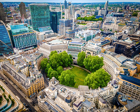 The aerial view of Finsbury Circus Gardens and the City of London in summer
