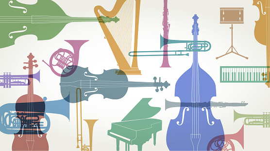 Colourful overlapping silhouettes of Classical Orchestra musical instruments. music, concert, performance, entertainment,
