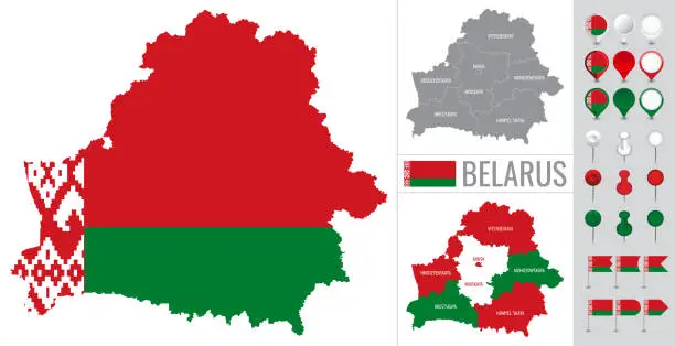 Vector illustration of Belarus vector map with flag, globe and icons on white background