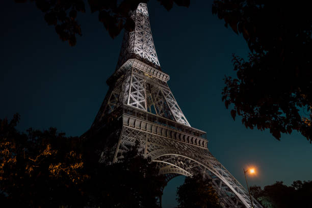 eiffelturm umgeben von bäumen - paris stock-fotos und bilder