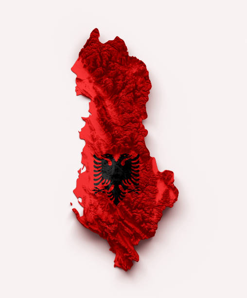 Albania Map Flag Shaded relief Color Height map on white Background 3d illustration