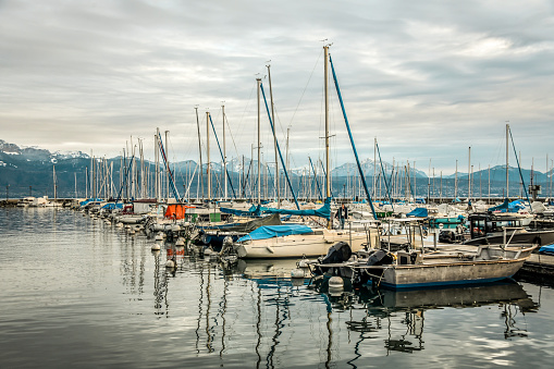 Leman Lake Crowded With Boats And Yachts On Pier In Lausanne, Switzerland