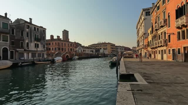 Fpv of Fondamenta Cannaregio and Venetian canal, Venice in Italy. Slow motion