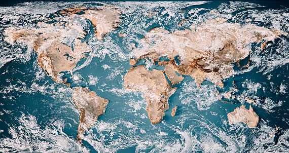 3D Render of a Topographic World Map with the clouds from September 8, 2017. Miller Projection.\nThree simultaneously active hurricanes are visible in the Atlantic Ocean/Gulf of Mexico: Hurricane Katia, Hurricane Irma and Hurricane Jose (from left to right).\nAll source data is in the public domain.\nCloud texture: VIIRS, SNPP courtesy of NASA.\nhttps://neo.gsfc.nasa.gov/view.php?datasetId=VIIRS_543D\nColor and Water texture: Made with Natural Earth.\nhttp://www.naturalearthdata.com/downloads/10m-raster-data/10m-cross-blend-hypso/\nhttp://www.naturalearthdata.com/downloads/110m-physical-vectors/\nRelief texture: GMTED 2010 data courtesy of USGS. URL of source image:\nhttps://topotools.cr.usgs.gov/gmted_viewer/viewer.htm