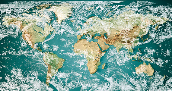 3D Render of a Topographic World Map with the clouds from September 8, 2017. Miller Projection.\nThree simultaneously active hurricanes are visible in the Atlantic Ocean/Gulf of Mexico: Hurricane Katia, Hurricane Irma and Hurricane Jose (from left to right).\nAll source data is in the public domain.\nCloud texture: VIIRS, SNPP courtesy of NASA.\nhttps://neo.gsfc.nasa.gov/view.php?datasetId=VIIRS_543D\nColor and Water texture: Made with Natural Earth.\nhttp://www.naturalearthdata.com/downloads/10m-raster-data/10m-cross-blend-hypso/\nhttp://www.naturalearthdata.com/downloads/110m-physical-vectors/\nRelief texture: GMTED 2010 data courtesy of USGS. URL of source image:\nhttps://topotools.cr.usgs.gov/gmted_viewer/viewer.htm