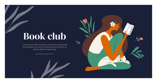 Layout design template of book club with vector illustration of young reading woman Layout design template of book club. Female with flower in long hair sitting outdoor enjoy reading. Young woman reads book. Relax time, leisure, booklover rest. Poetry, literature vector illustration book club stock illustrations