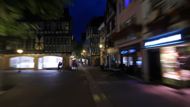 Walk through tourist district of Colmar town at night, hyper lapse shot