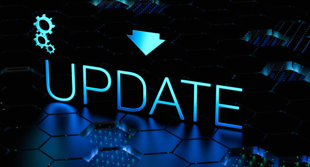 perbarui konsep kata neon dengan lampu dan roda gigi pada latar belakang buram yang bersinar.3d ilustrasi render. - kabar terbaru komunikasi potret stok, foto, & gambar bebas royalti