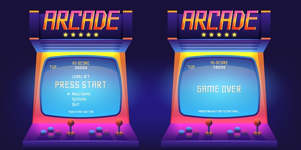 Arcade game screen. 80s retro start play and game over interface screen, vintage 1990s video gaming machine. Vector console monitor. Illustration of play screen game computer