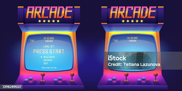 istock 2204.m10.i015.n007.S.c15.1461384350 Arcade game screen. 80s retro start play and game over interface screen, vintage 1990s video gaming machine. Vector console monitor 1398289037