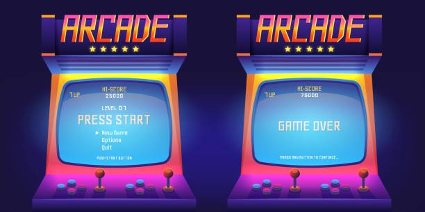 2204.m10.i015.n007.S.c15.1461384350 Arcade game screen. 80s retro start play and game over interface screen, vintage 1990s video gaming machine. Vector console monitor vector art illustration