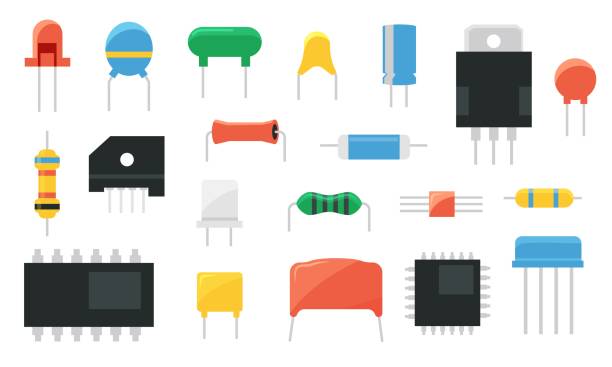 ilustraciones, imágenes clip art, dibujos animados e iconos de stock de componente electrónico. resistencia de transistor de condensador de chip semiconductor y hardware led. placa de circuito eléctrico vectorial piezas cerámicas conjunto aislado - condensador componente eléctrico