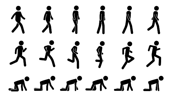 Stick man walk. Black animation kit of walking running and crawling simple human silhouette icons. Vector pedestrian run and walk sequence. Illustration of animation silhouette people
