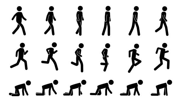 Stick man walk. Black animation kit of walking running and crawling simple human silhouette icons. Vector pedestrian run and walk sequence Stick man walk. Black animation kit of walking running and crawling simple human silhouette icons. Vector pedestrian run and walk sequence. Illustration of animation silhouette people walking stock illustrations