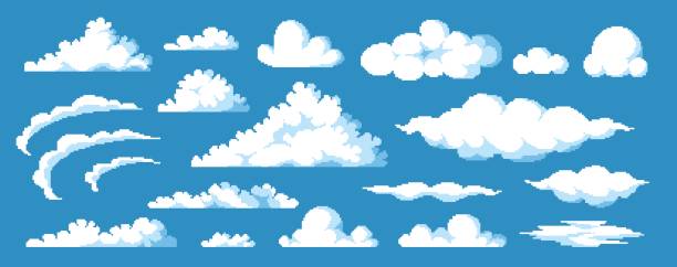 Game clouds asset. Retro 8 bit video game background with cartoon clouds, heaven blue sky game art. Vector UI elements collection vector art illustration
