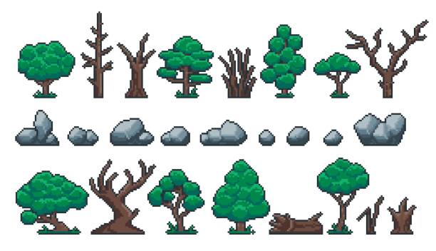 Pixel plants and stones. Retro 8 bit video game sprite assets of rocks, forest and park trees, logs, trunk and stump. Vector isolated set vector art illustration
