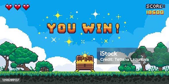 istock Pixel game win screen. Retro 8 bit video game interface with You Win text, computer game level up background. Vector pixel art illustration 1398289137