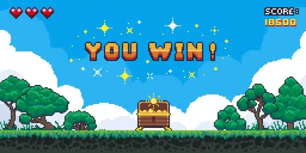 Vector illustration of Pixel game win screen. Retro 8 bit video game interface with You Win text, computer game level up background. Vector pixel art illustration