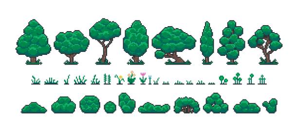 Pixel forest set. Retro 8 bit video game UI elements, trees bushes and grass sprite asset, background landscape objects. Vector isolated collection vector art illustration