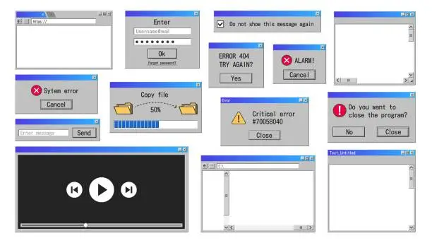 Vector illustration of Old interface windows. Retro error message, internet browser and file manager classic software design. Vector old system elements