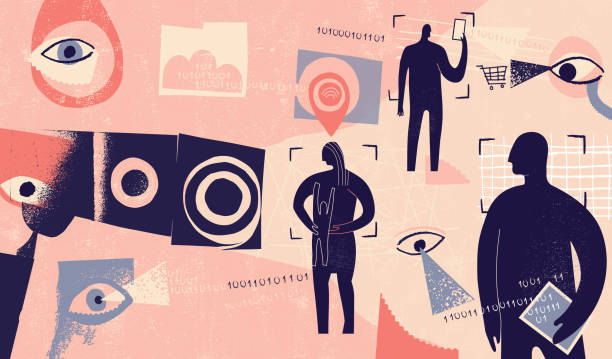 ilustrações, clipart, desenhos animados e ícones de conceito de privacidade e tecnologia de vigilância em massa - missão