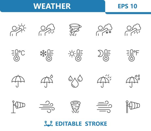 ikony pogody - prognoza, pogodynek, meteorolog, temperatura, termometr, parasol, deszcz, wiatr - weather meteorologist meteorology symbol stock illustrations