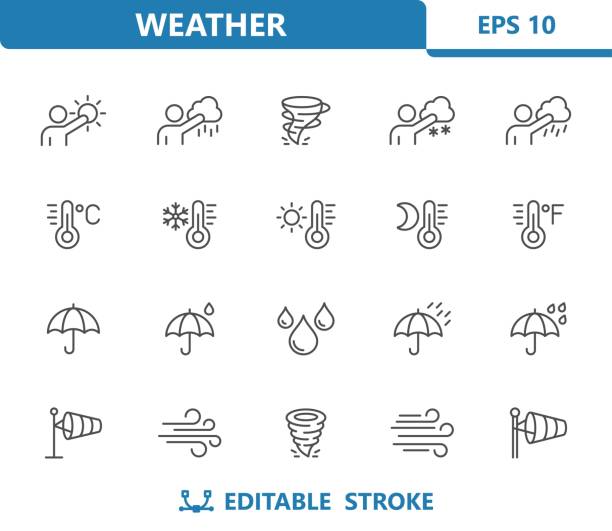 ilustrações de stock, clip art, desenhos animados e ícones de weather icons - forecast, weatherman, meteorologist, temperature, thermometer, umbrella, raining, wind - weather meteorologist meteorology symbol