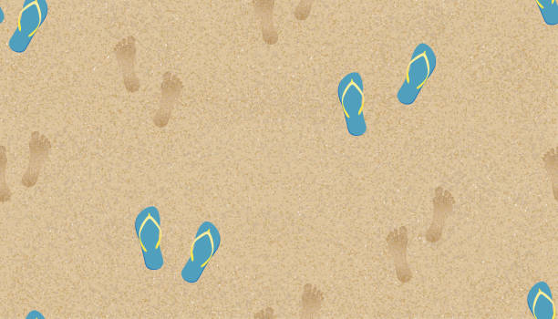원활한 패턴 텍스처 배경 모래 해변 배경에 단달이있는 인간의 발의 발자국. 벡터 일러스트 레이 션 배경 브라운 비치 모래 언덕과 맨발과 여름 배너 슬리퍼와 - backgrounds repetition sand desert stock illustrations
