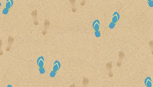 Vector illustration of Seamless pattern Texture background Footprints of human feet with dandal on the Sand Beach background.Vector illustration Backdrop Brown Beach sand dune with barefoot and slipper for Summer banner