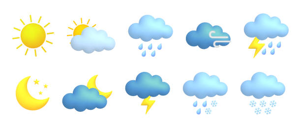 istock Cute 3d cartoon weather icons set. Sun, moon, star, lightning, cloud, rain, snow, wind, thunderstorm. 1398290556