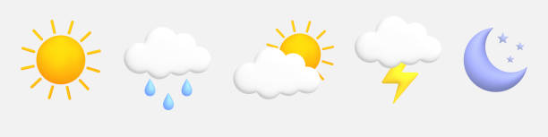 istock Cute 3d cartoon weather icons set. Sun, moon, star, lightning, cloud, rain drops. 1398290614