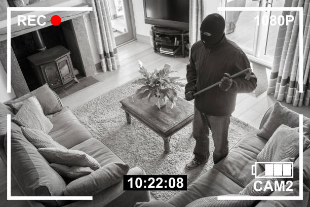 クローバーとバックドアの窓から家に侵入強盗のcctv監視監視カメラ - burglary burglar thief house ストックフォトと画像