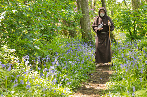 Monk in contemplation as he walks through a bluebell wood in Spring.