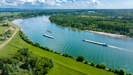 Industrial ships on a river - aerial view