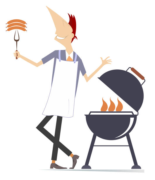 Smiling man preparing meal on fire Cheerfulness young man frying sausages and steaks on the grill isolated on white background man grilling white background stock illustrations