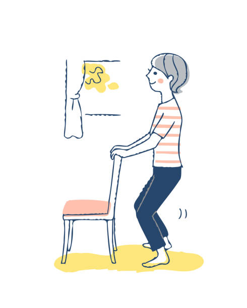A woman exercising to bend and stretch using a chair Exercise, health, stretching, bending and stretching, sideways gymnastics stretches stock illustrations
