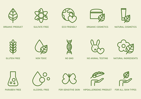 Set of eco friendly signs, icons. Collection of green line art symbols