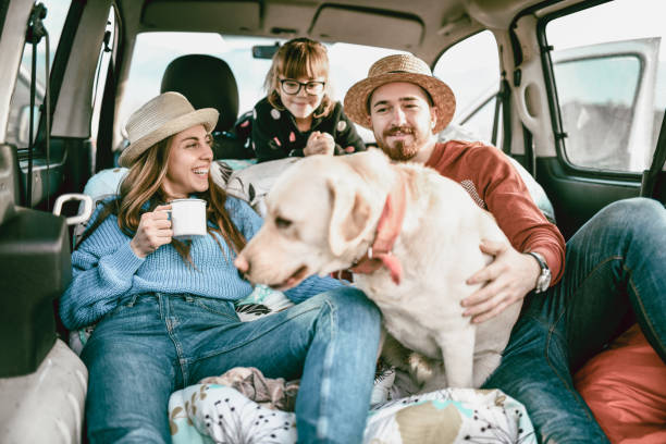 istock Smiling Female Playing With Dog In Minivan Trunk 1398299638