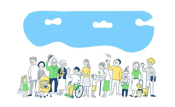 Vector illustration of Diversity, People of all ages with smiles, whole body