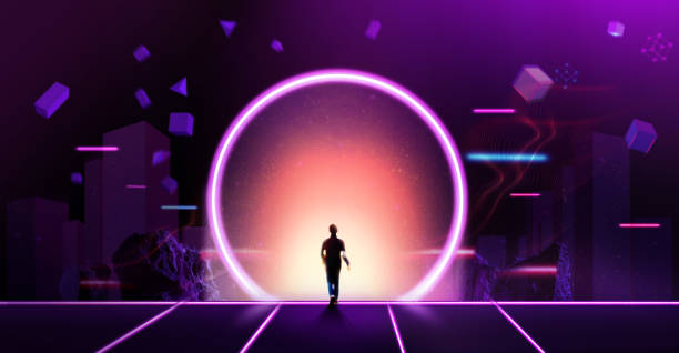 Moving Forward to Metaverse, New Technology, Web3.0, Blockchain and the Next Layer of the Internet Concepts. Man Steps into Future Door. Futuristic Tone