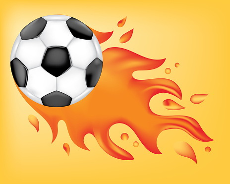 Flaming soccer ball on a bright yellow background.