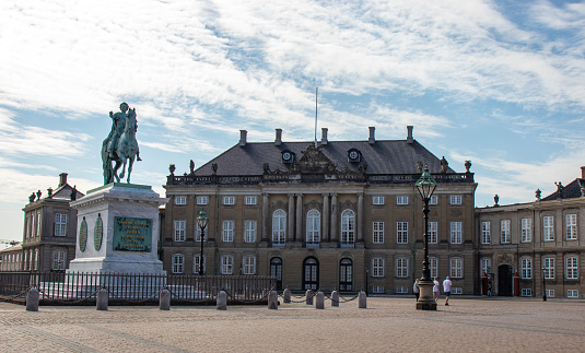 May 23 2022 - Copenhagen, Denmark: Guards marching outside royal palace at Amalienborg