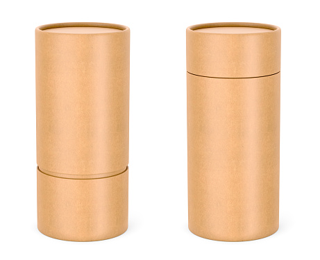 Pair of paper tubes, cardboard containers with paper caps for cosmetic packaging isolated on white background, mockup. 3D illustration
