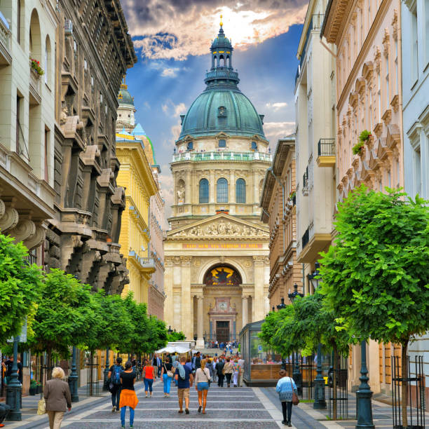 Zrinyi utca street and Saint Stephen`s Basilica in central Budapest