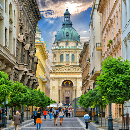 Zrinyi utca street and Saint Stephen`s Basilica in central Budapest, Hungary.\