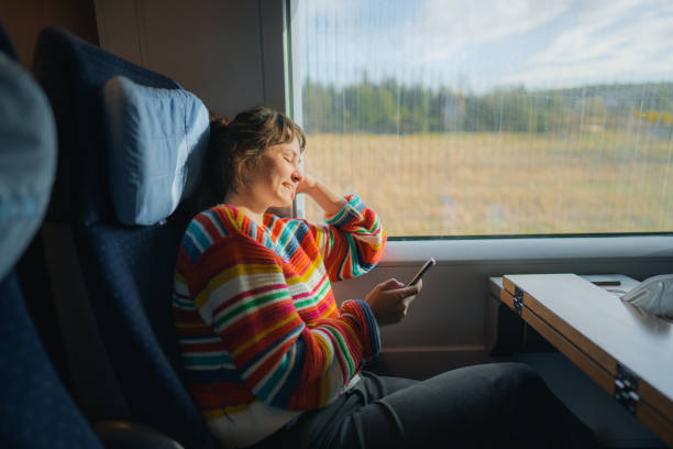 Womanising smartphone while  traveling in the train