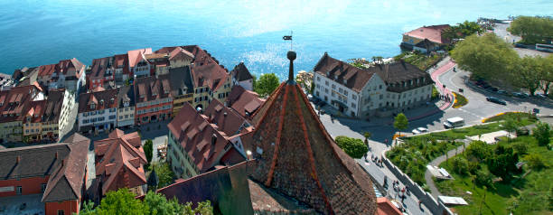view from the castle to the old town and the Bismarck square of Meersburg at lake constance, Germany